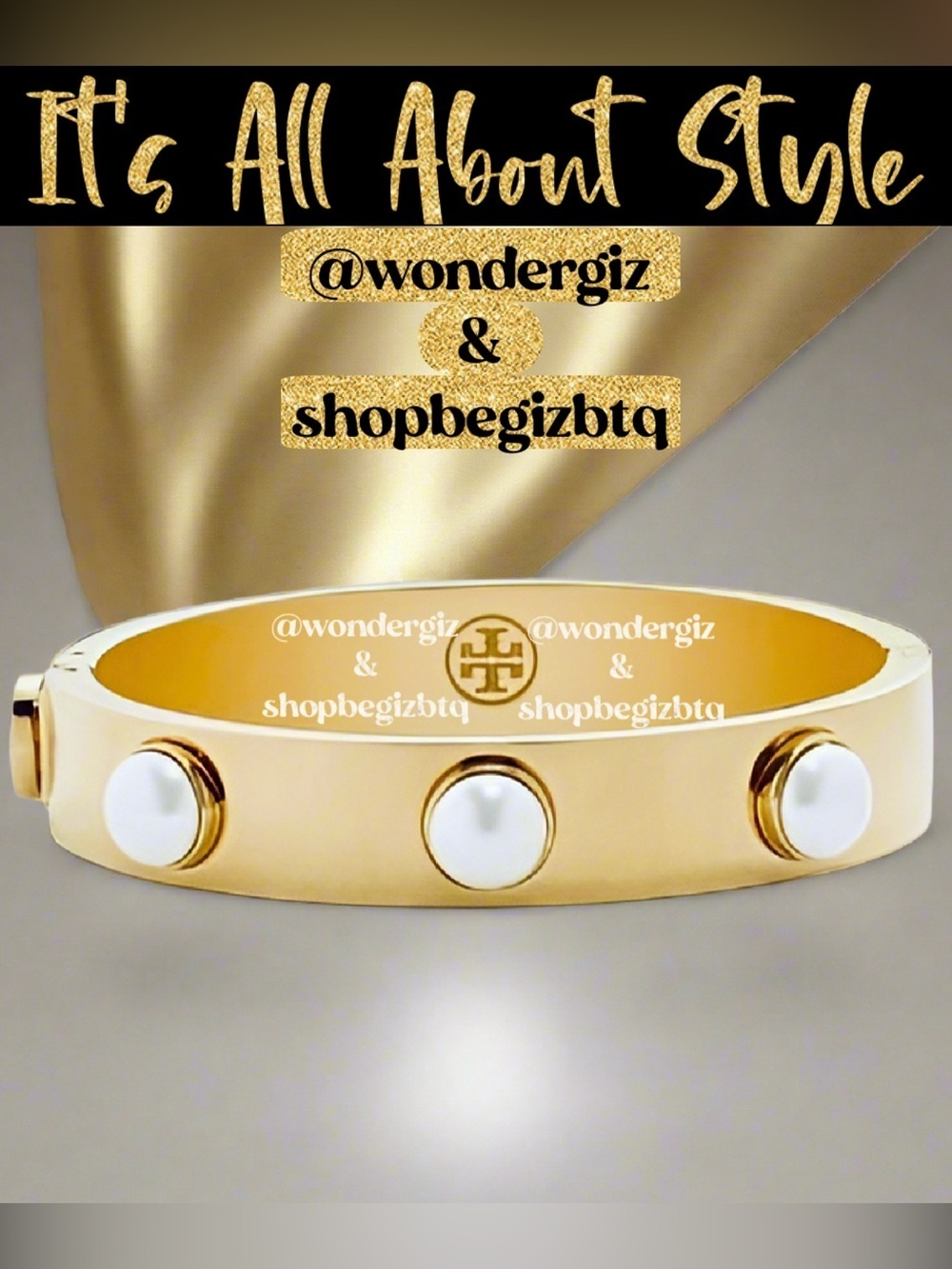 🆕Tory Burch Authentic Metal Logo & Stud Pearls Swarovski Crystal Cuff Bracelet